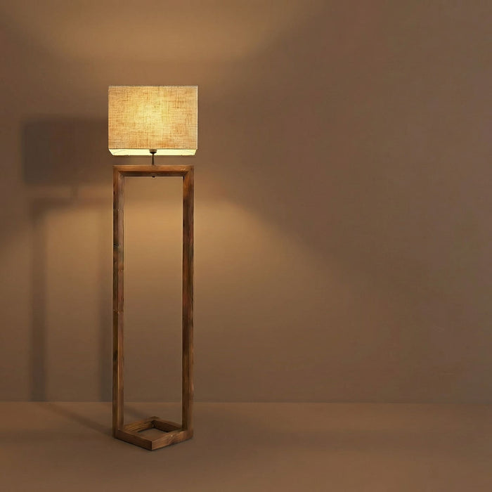 Tesseract Wooden Floor Lamp with Brown Base and Beige Fabric Lampshade