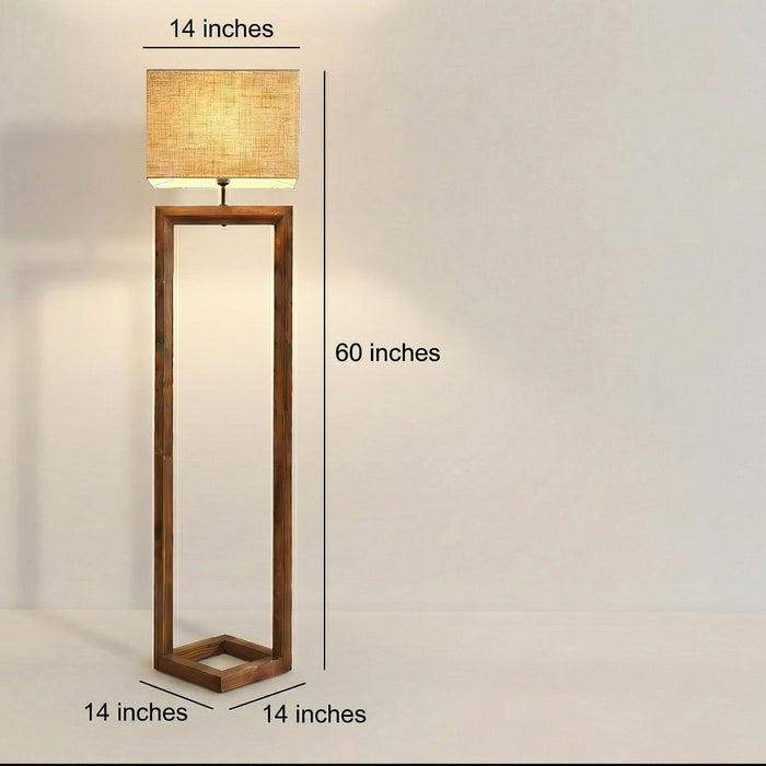Tesseract Wooden Floor Lamp with Brown Base and Beige Fabric Lampshade