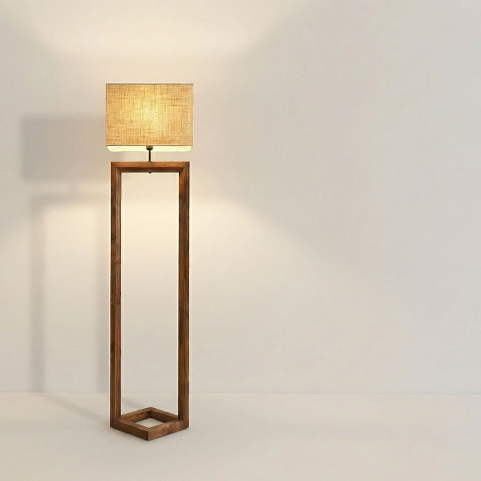 Tesseract Wooden Floor Lamp with Brown Base and Beige Fabric Lampshade