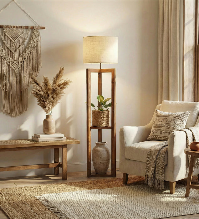 Triad Wooden Floor Lamp with Brown Base and Beige Fabric Lampshade