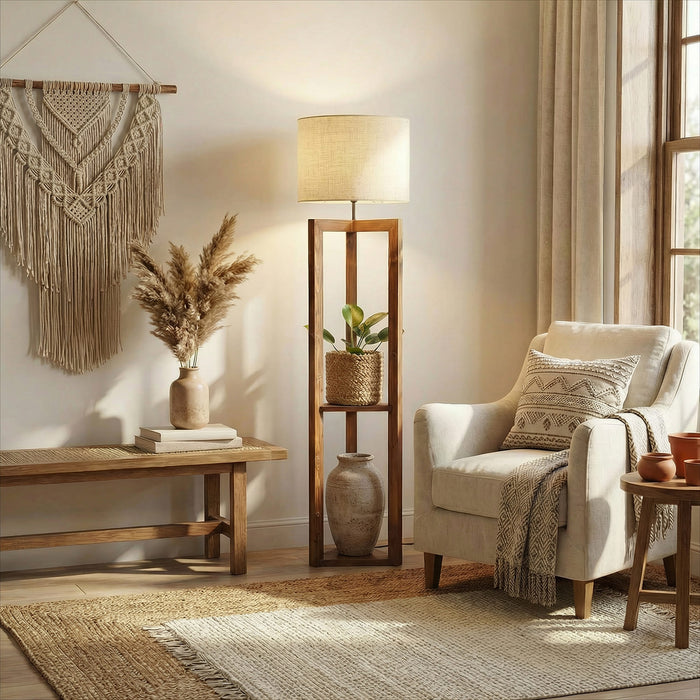 Triad Wooden Floor Lamp with Brown Base and Beige Fabric Lampshade