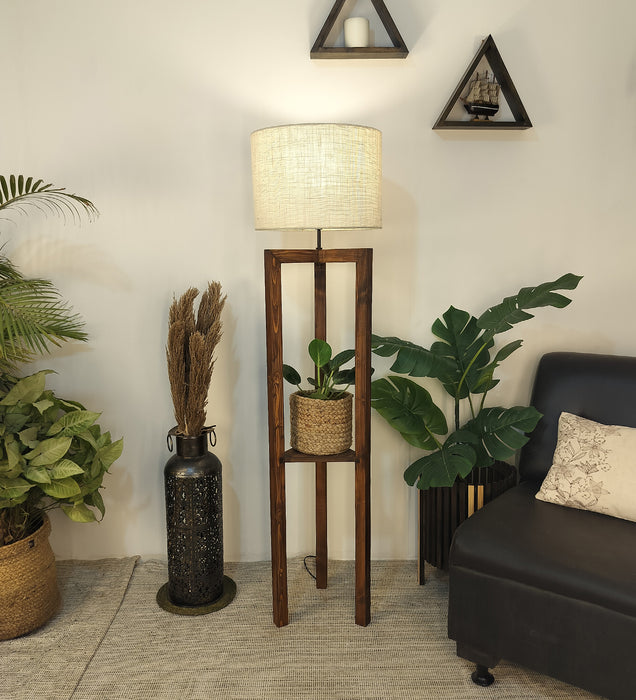Triad Wooden Floor Lamp with Brown Base and Beige Fabric Lampshade