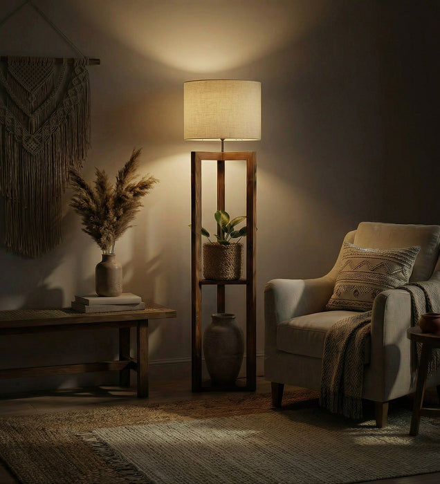 Triad Wooden Floor Lamp with Brown Base and Beige Fabric Lampshade