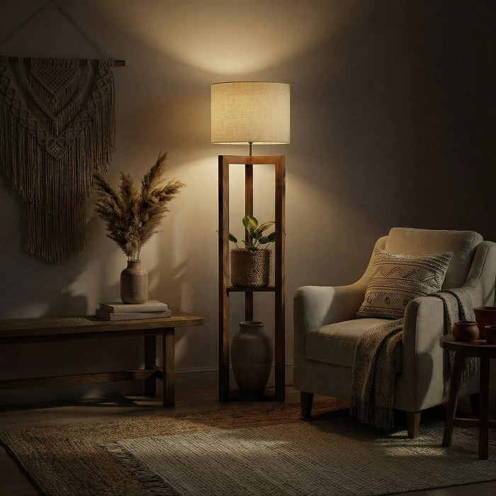 Triad Wooden Floor Lamp with Brown Base and Beige Fabric Lampshade