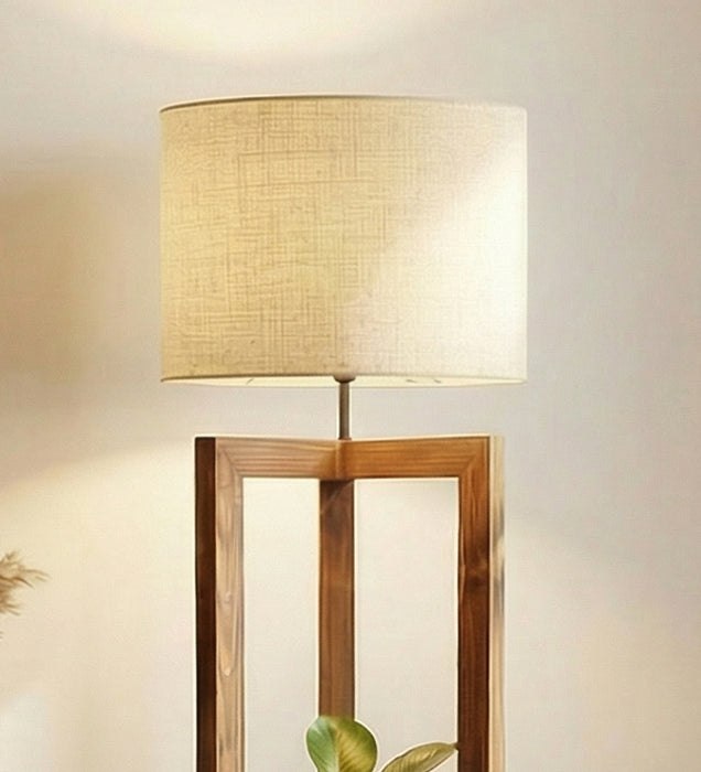 Triad Wooden Floor Lamp with Brown Base and Beige Fabric Lampshade