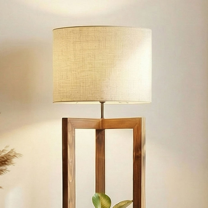 Triad Wooden Floor Lamp with Brown Base and Beige Fabric Lampshade