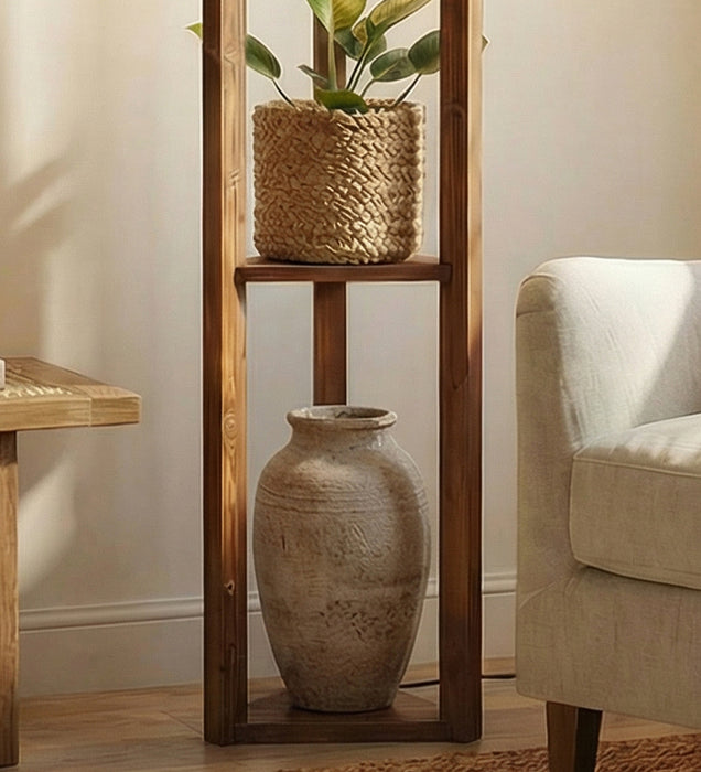 Triad Wooden Floor Lamp with Brown Base and Beige Fabric Lampshade
