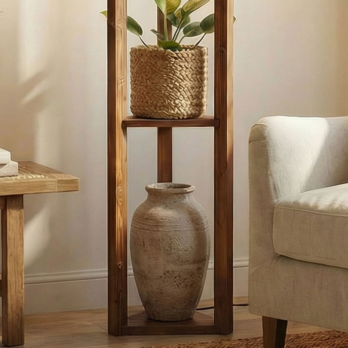 Triad Wooden Floor Lamp with Brown Base and Beige Fabric Lampshade