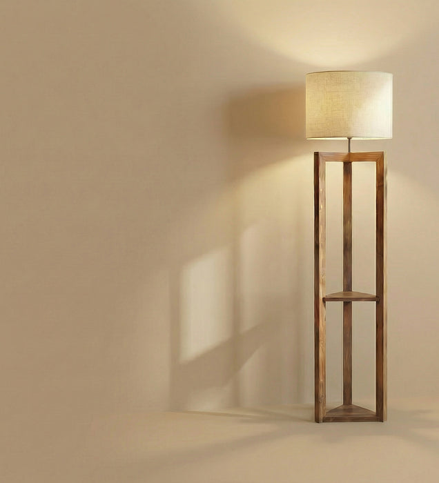 Triad Wooden Floor Lamp with Brown Base and Beige Fabric Lampshade