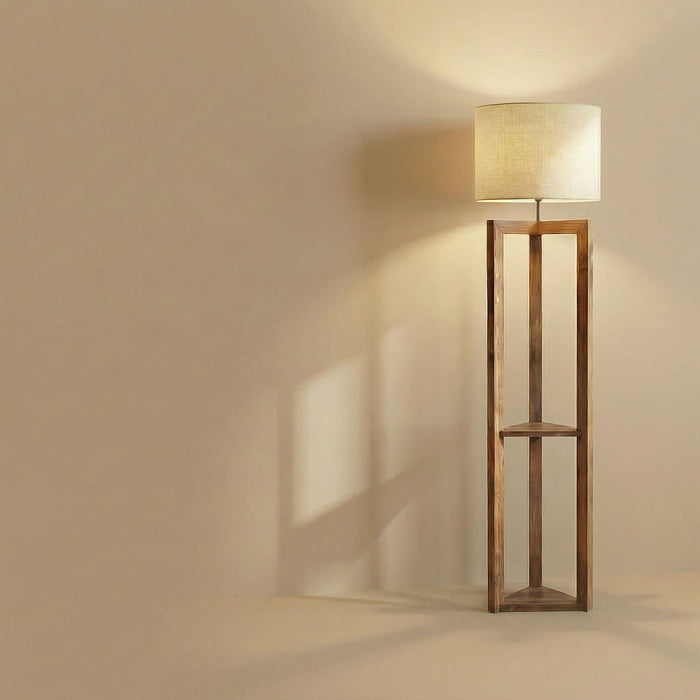 Triad Wooden Floor Lamp with Brown Base and Beige Fabric Lampshade