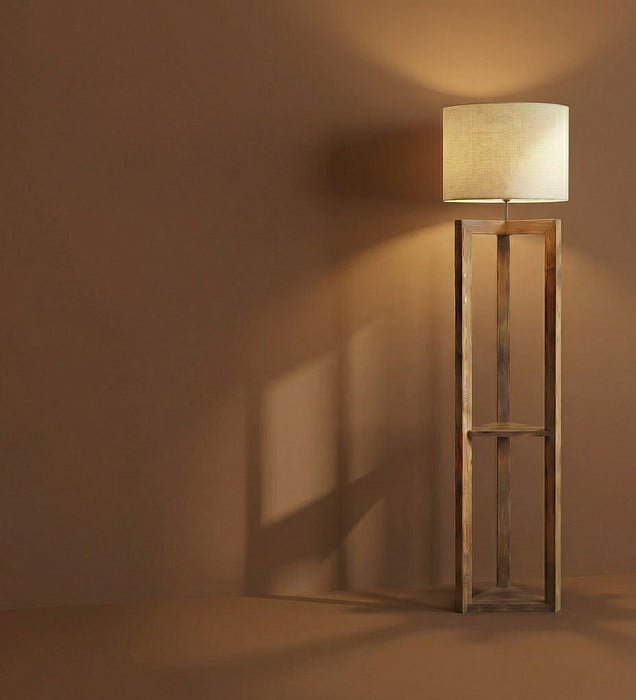 Triad Wooden Floor Lamp with Brown Base and Beige Fabric Lampshade
