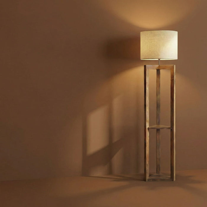 Triad Wooden Floor Lamp with Brown Base and Beige Fabric Lampshade