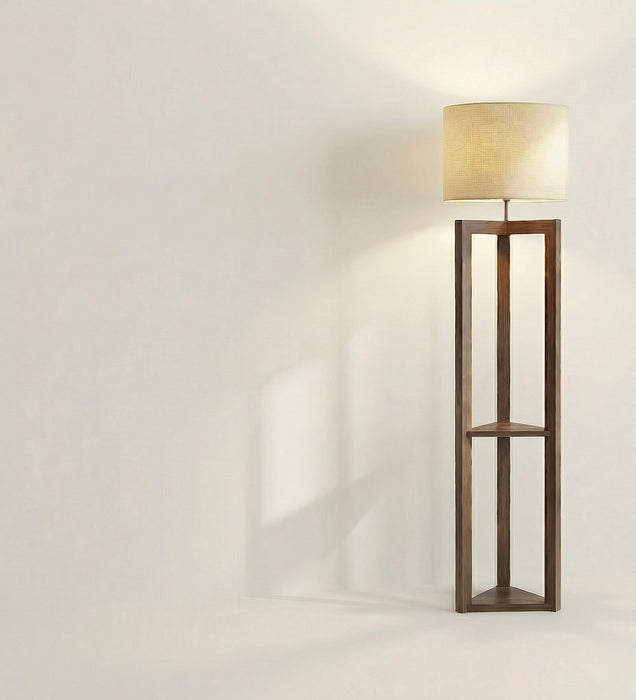 Triad Wooden Floor Lamp with Brown Base and Beige Fabric Lampshade