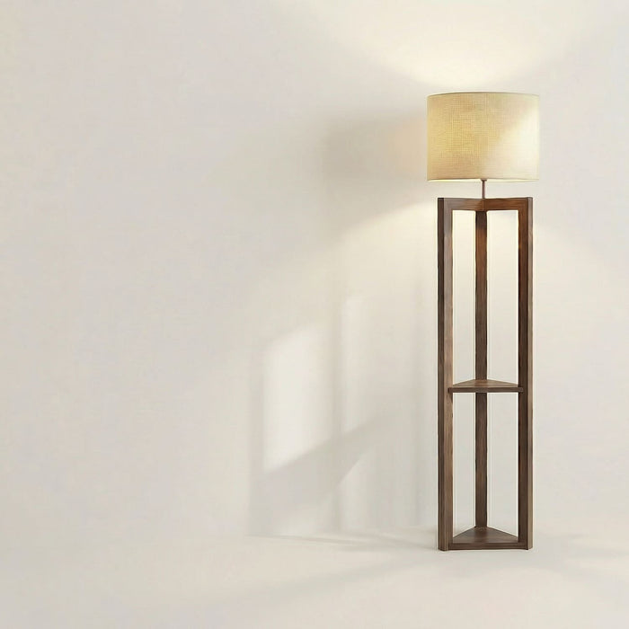 Triad Wooden Floor Lamp with Brown Base and Beige Fabric Lampshade