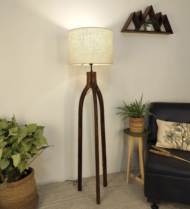 Trilogy Wooden Floor Lamp with Brown Base and Jute Fabric Lampshade