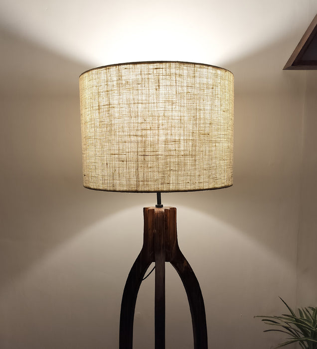 Trilogy Wooden Floor Lamp with Brown Base and Jute Fabric Lampshade