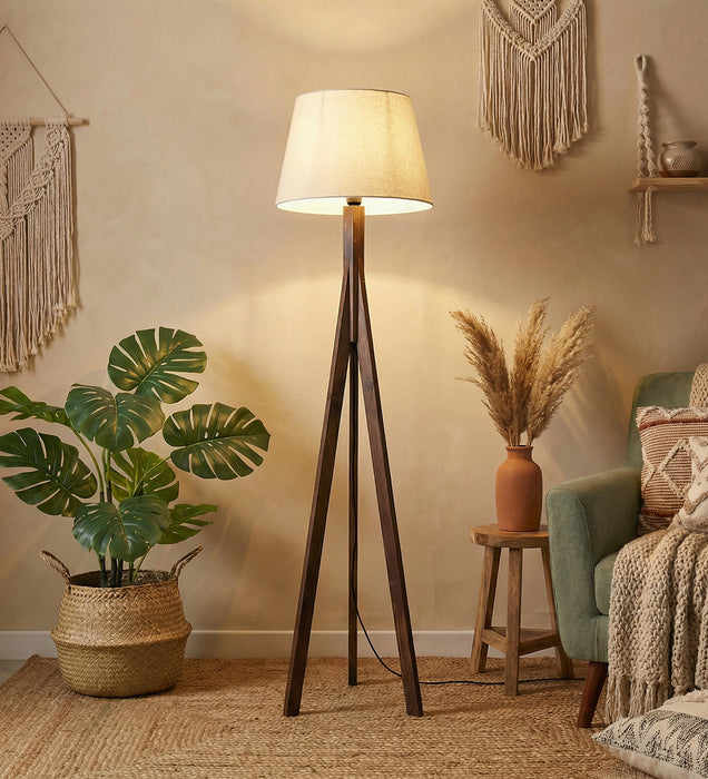 Triune Wooden Floor Lamp with Brown Base and Beige Fabric Lampshade