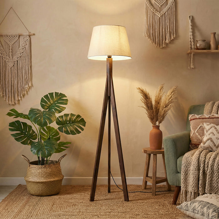 Triune Wooden Floor Lamp with Brown Base and Beige Fabric Lampshade