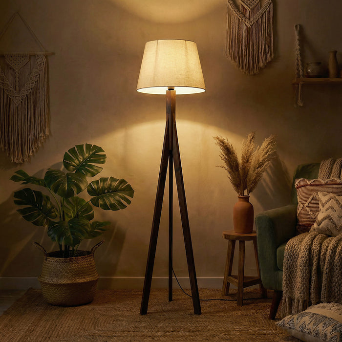 Triune Wooden Floor Lamp with Brown Base and Beige Fabric Lampshade