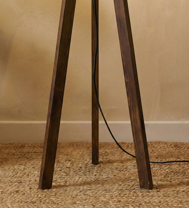 Triune Wooden Floor Lamp with Brown Base and Beige Fabric Lampshade