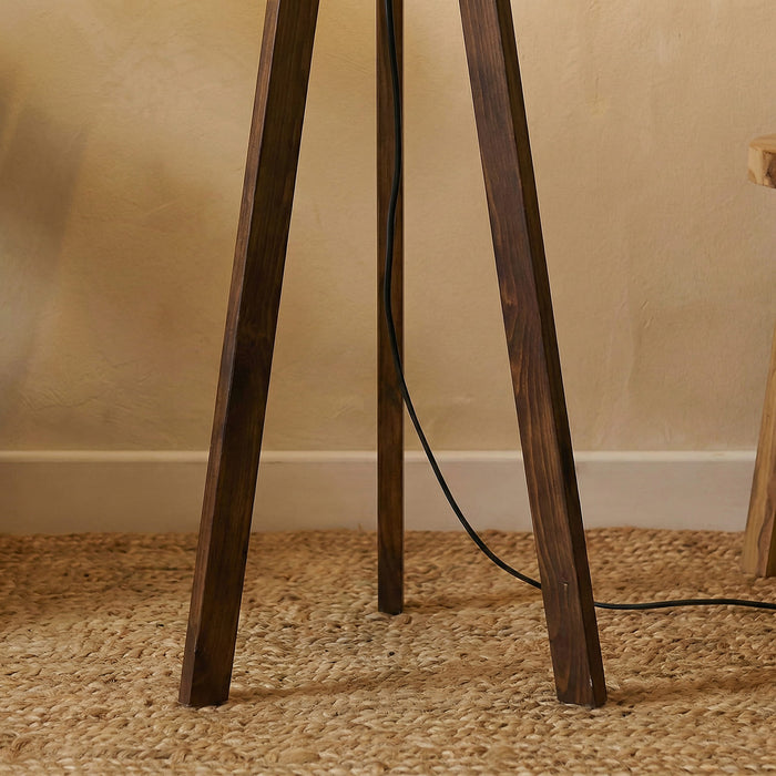 Triune Wooden Floor Lamp with Brown Base and Beige Fabric Lampshade