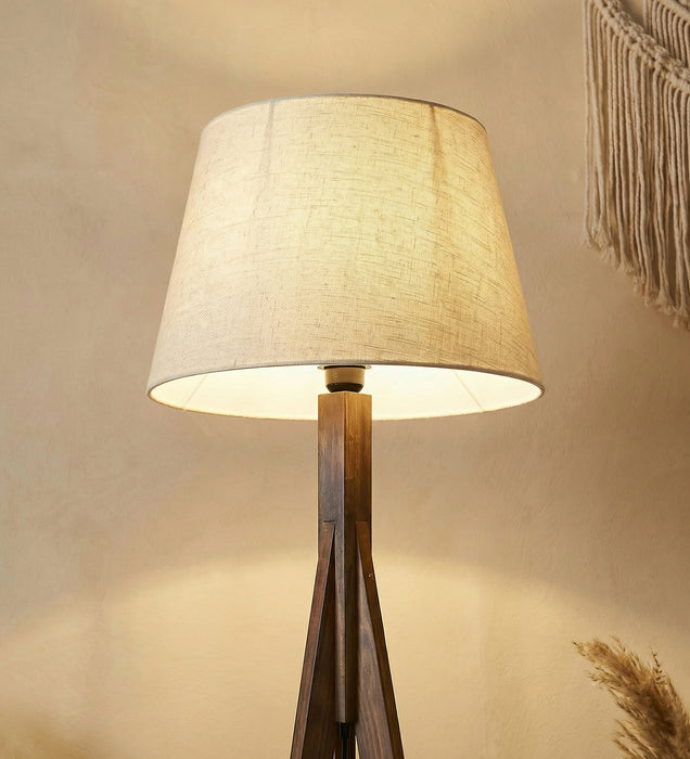 Triune Wooden Floor Lamp with Brown Base and Beige Fabric Lampshade