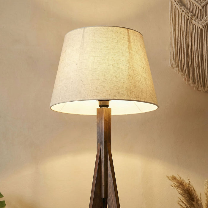 Triune Wooden Floor Lamp with Brown Base and Beige Fabric Lampshade