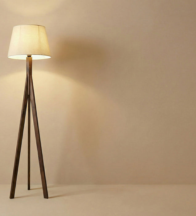 Triune Wooden Floor Lamp with Brown Base and Beige Fabric Lampshade