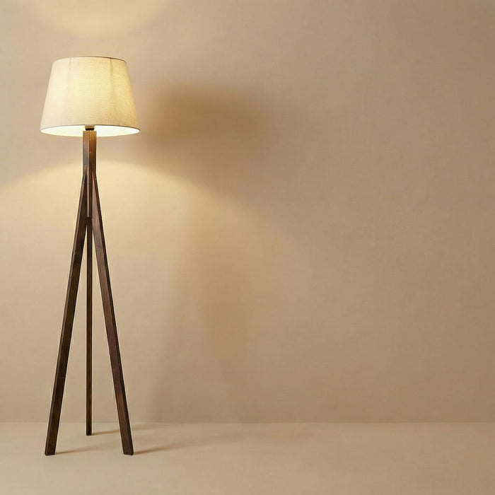 Triune Wooden Floor Lamp with Brown Base and Beige Fabric Lampshade