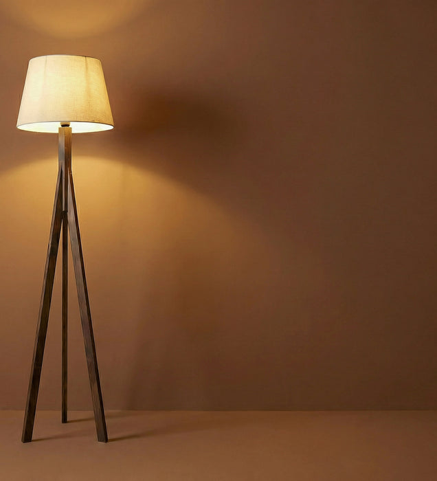 Triune Wooden Floor Lamp with Brown Base and Beige Fabric Lampshade