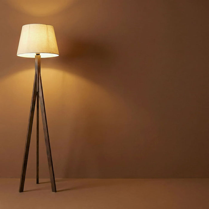 Triune Wooden Floor Lamp with Brown Base and Beige Fabric Lampshade
