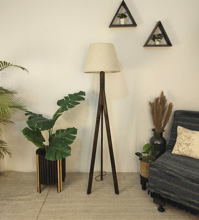 Triune Wooden Floor Lamp with Brown Base and Beige Fabric Lampshade