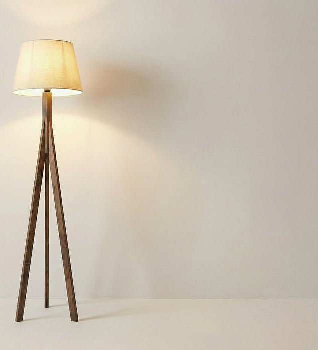 Triune Wooden Floor Lamp with Brown Base and Beige Fabric Lampshade