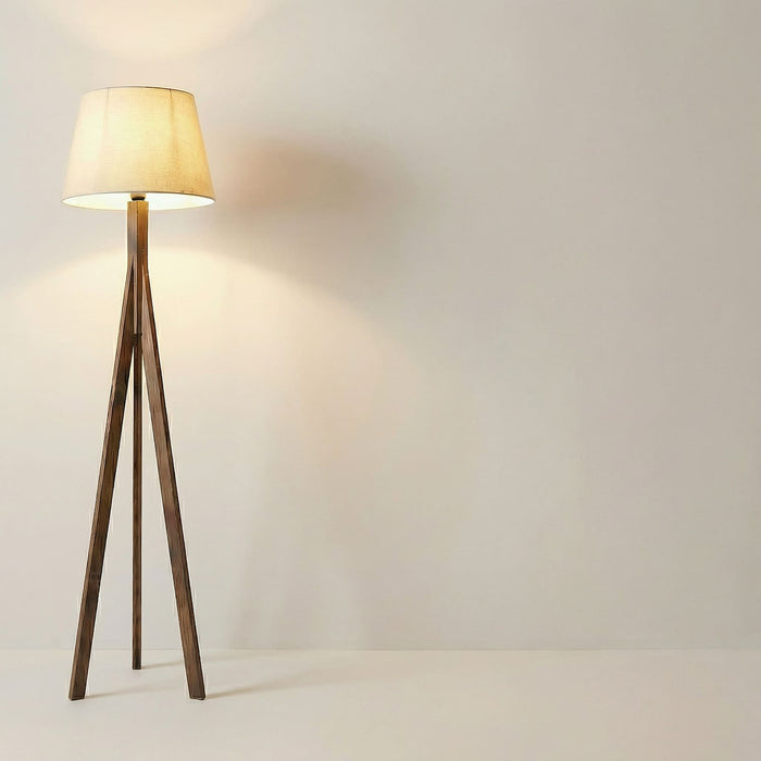 Triune Wooden Floor Lamp with Brown Base and Beige Fabric Lampshade