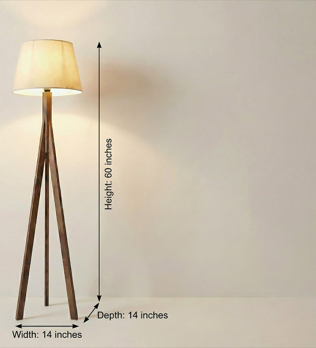 Triune Wooden Floor Lamp with Brown Base and Beige Fabric Lampshade