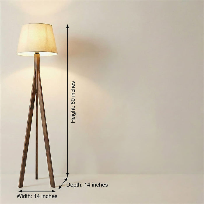 Triune Wooden Floor Lamp with Brown Base and Beige Fabric Lampshade