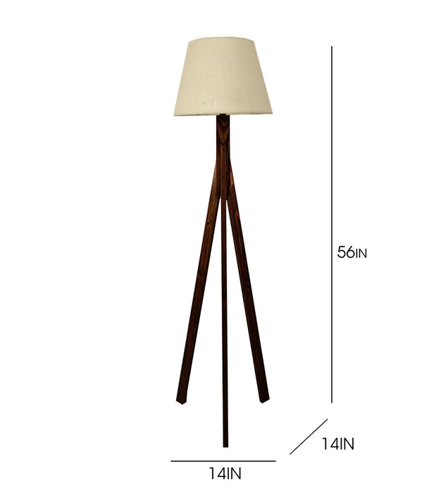 Triune Wooden Floor Lamp with Brown Base and Beige Fabric Lampshade