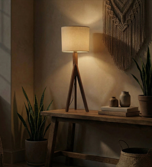 Triune Brown Wooden Table Lamp with White Printed Lampshade