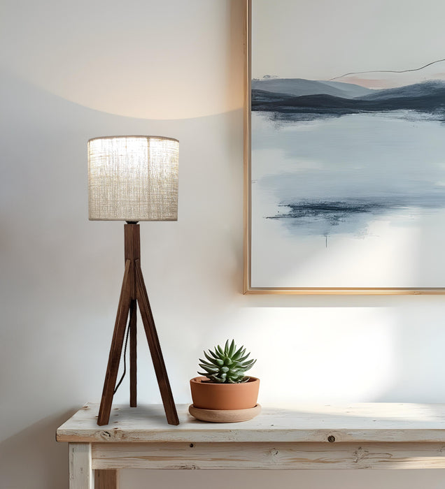 Triune Brown Wooden Table Lamp with White Printed Lampshade