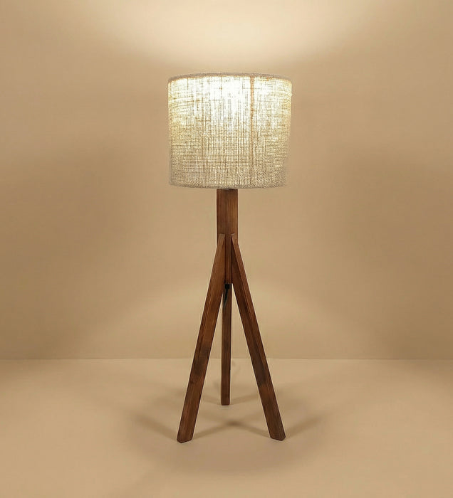Triune Brown Wooden Table Lamp with White Printed Lampshade