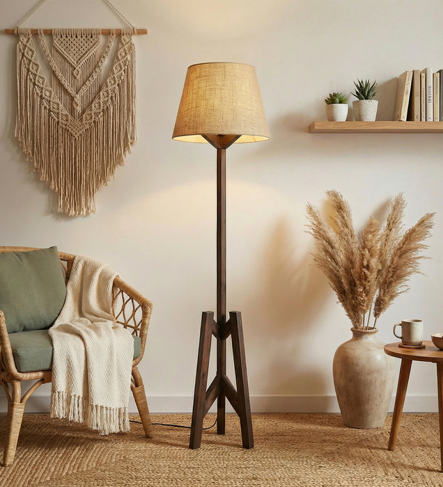 Troika Wooden Floor Lamp with Brown Base and Beige Fabric Lampshade
