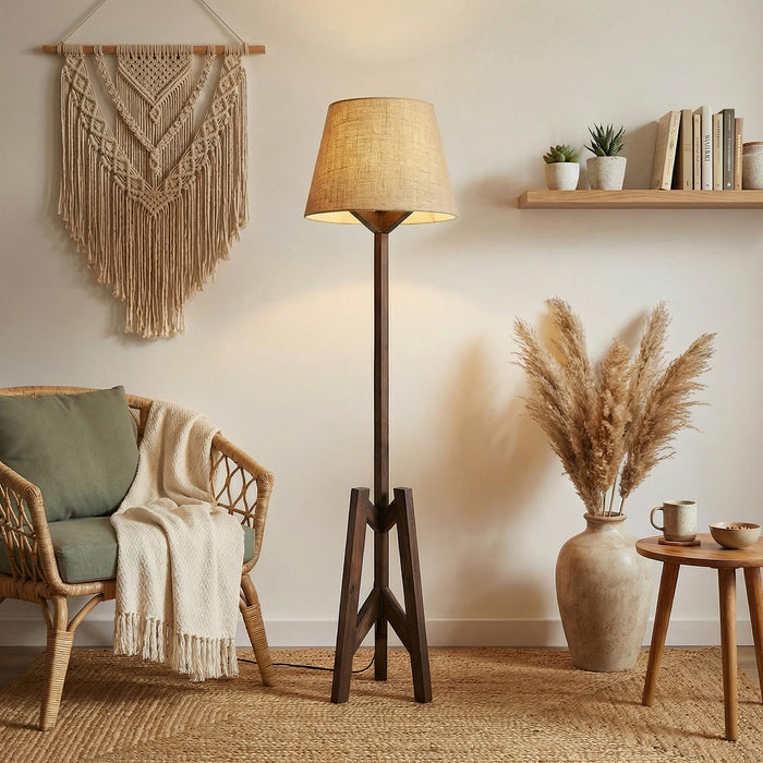 Troika Wooden Floor Lamp with Brown Base and Beige Fabric Lampshade