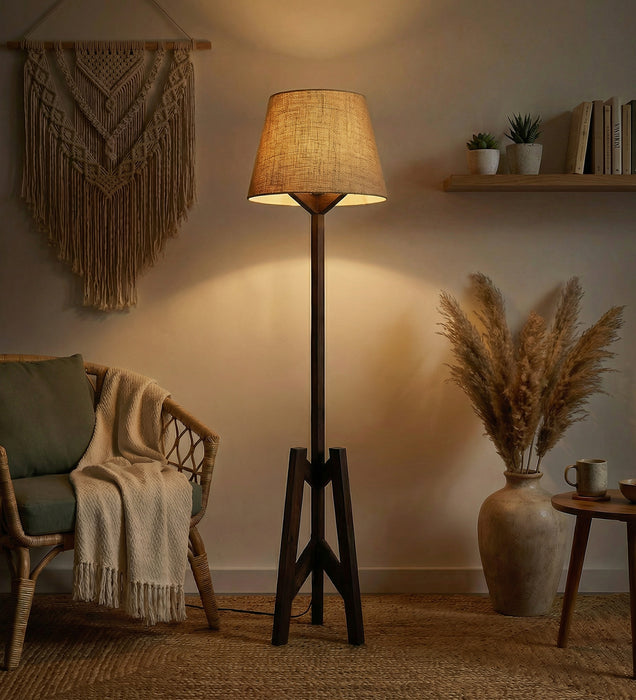 Troika Wooden Floor Lamp with Brown Base and Beige Fabric Lampshade