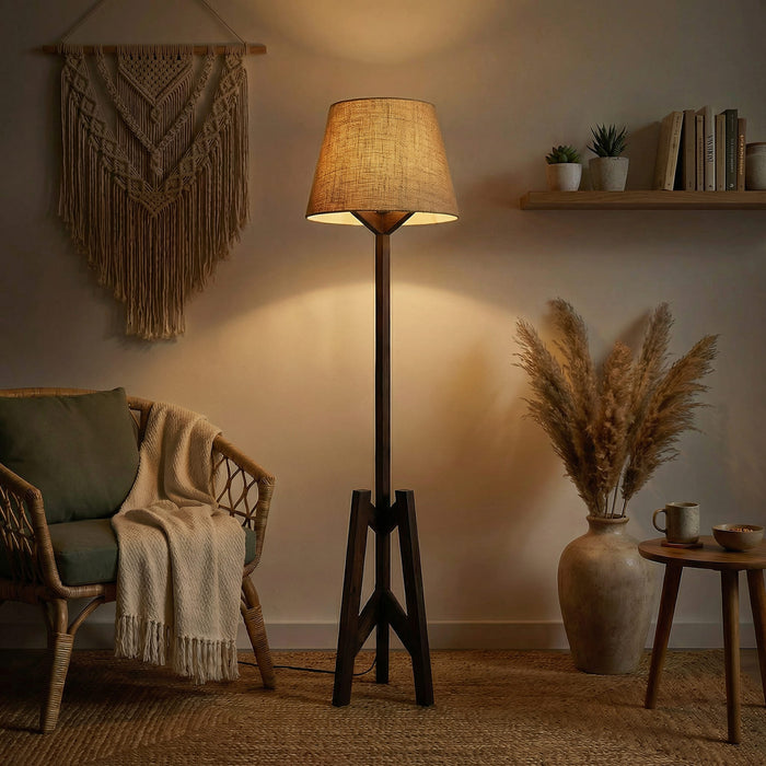 Troika Wooden Floor Lamp with Brown Base and Beige Fabric Lampshade