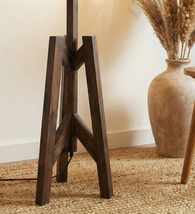 Troika Wooden Floor Lamp with Brown Base and Beige Fabric Lampshade