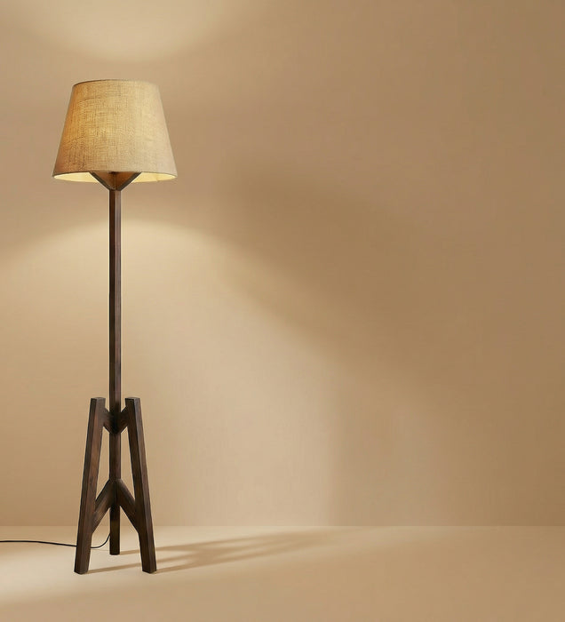Troika Wooden Floor Lamp with Brown Base and Beige Fabric Lampshade