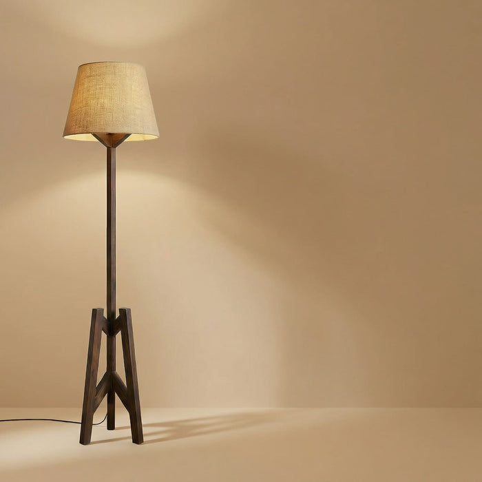 Troika Wooden Floor Lamp with Brown Base and Beige Fabric Lampshade