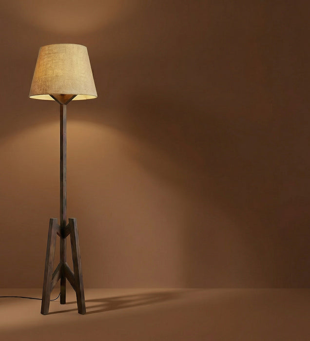 Troika Wooden Floor Lamp with Brown Base and Beige Fabric Lampshade