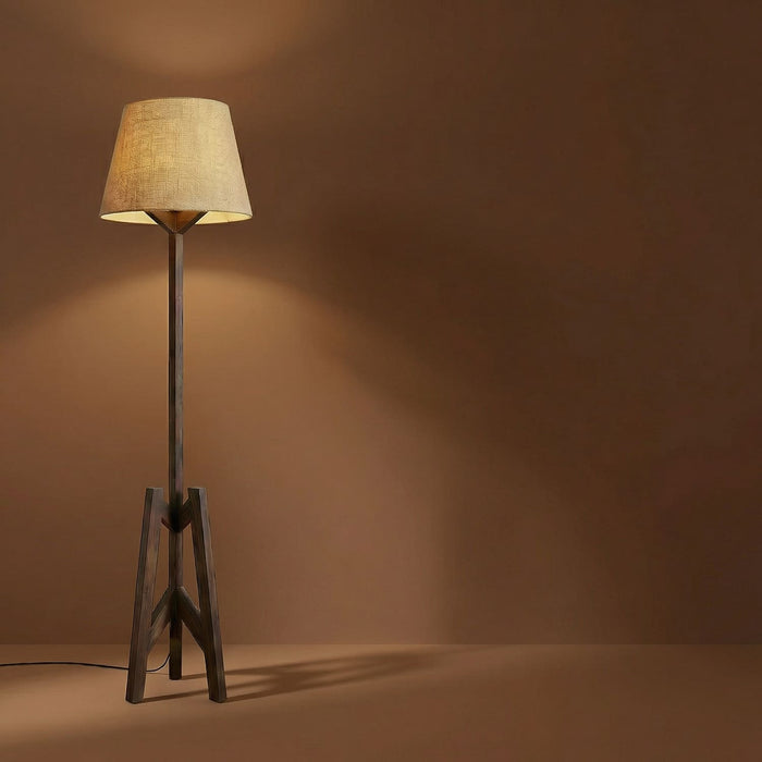 Troika Wooden Floor Lamp with Brown Base and Beige Fabric Lampshade