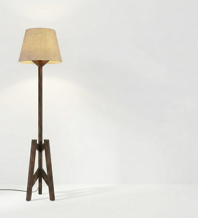 Troika Wooden Floor Lamp with Brown Base and Beige Fabric Lampshade
